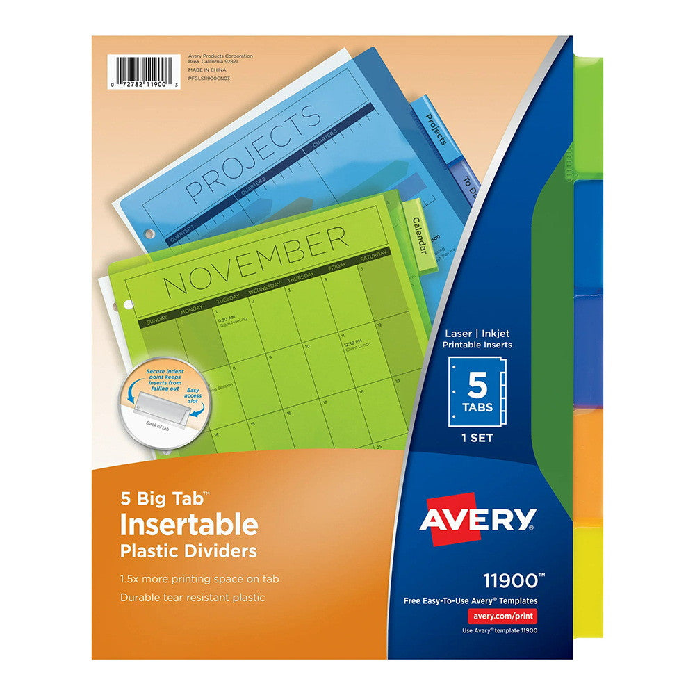 Avery Insertable Pocket Plastic Divider, Assorted, 5 Big Tab, 5 Ea